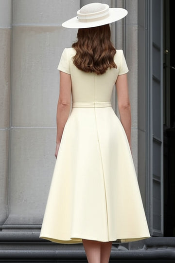 Light Yellow Satin A Line Boat Neck Long Work Dress
